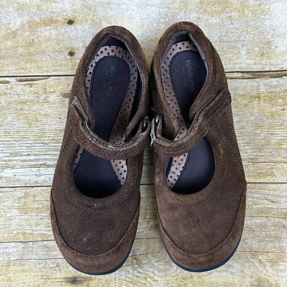 Stride Rite Molly Brown Leather Mary Jane 11.5W Kids Suede Girls Flower Preppy